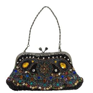 Ohh! Ashley Purse Bag Black Beaded Silver Chain Strap Rhinestone Evening